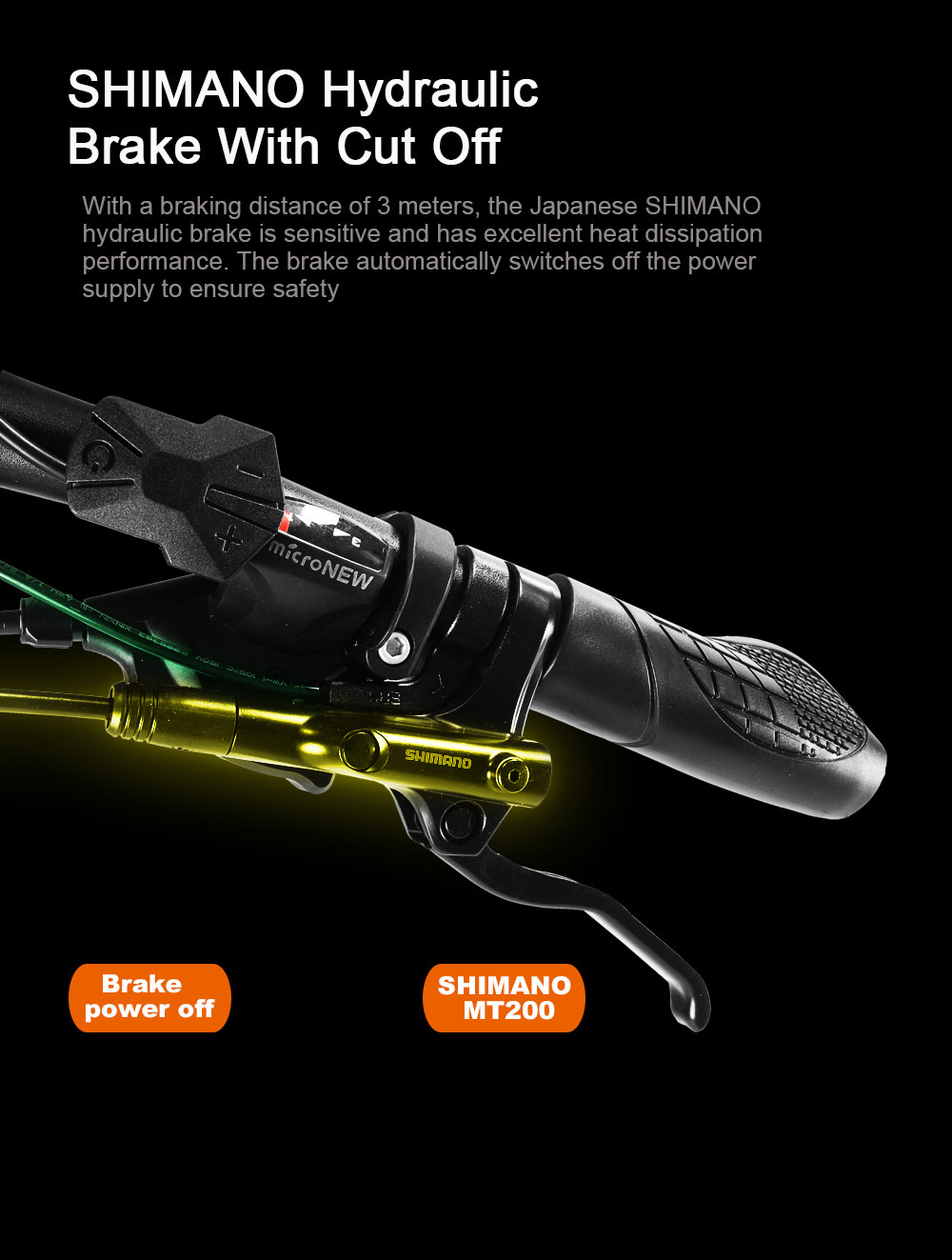 Freno hidráulico Shimano con corte. Se muestra maneta de freno amarilla.