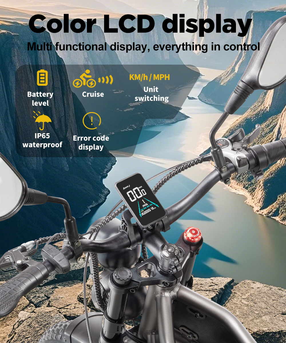 Pantalla LCD a color en un manillar de bicicleta que muestra velocidad, batería y códigos de error.