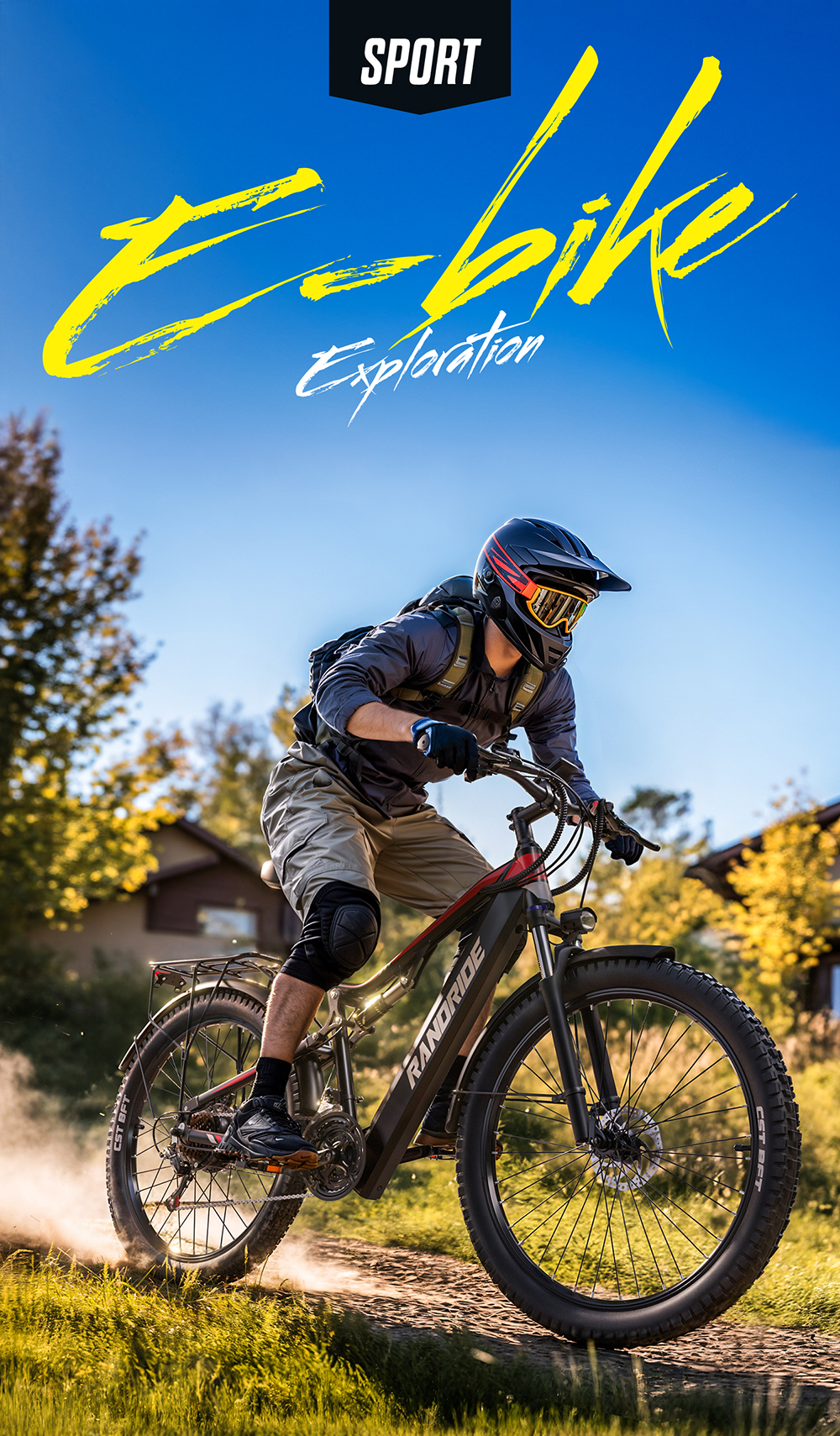 Hombre en e-bike por camino de tierra, levantando polvo.
