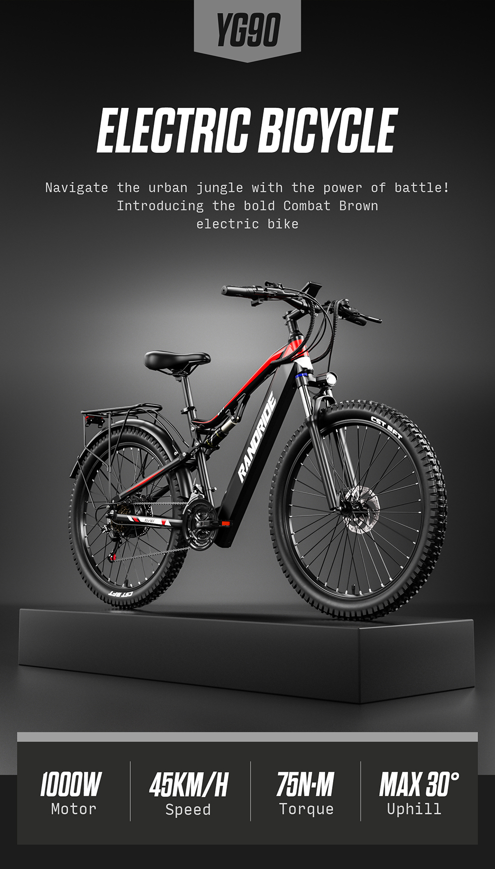Bicicleta eléctrica negra con detalles rojos sobre un pedestal. Especificaciones abajo.