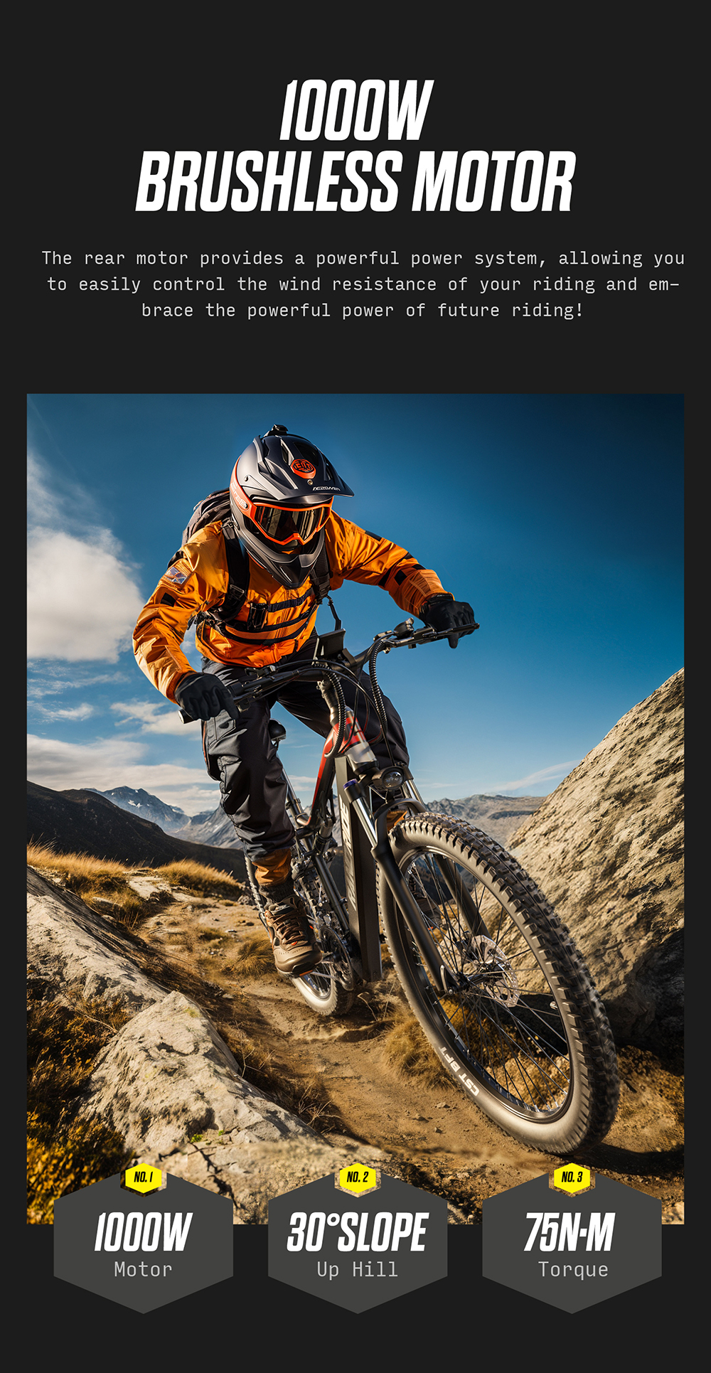 Una persona con equipo naranja monta una e-bike cuesta arriba en terreno rocoso.