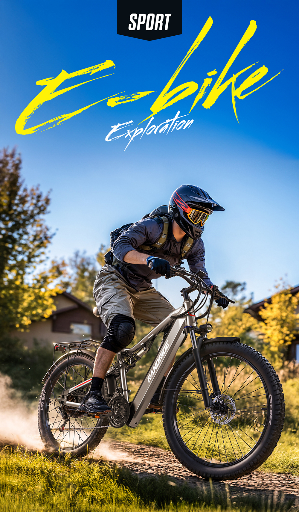 Un hombre monta una bicicleta eléctrica por un sendero polvoriento, rodeado de árboles.