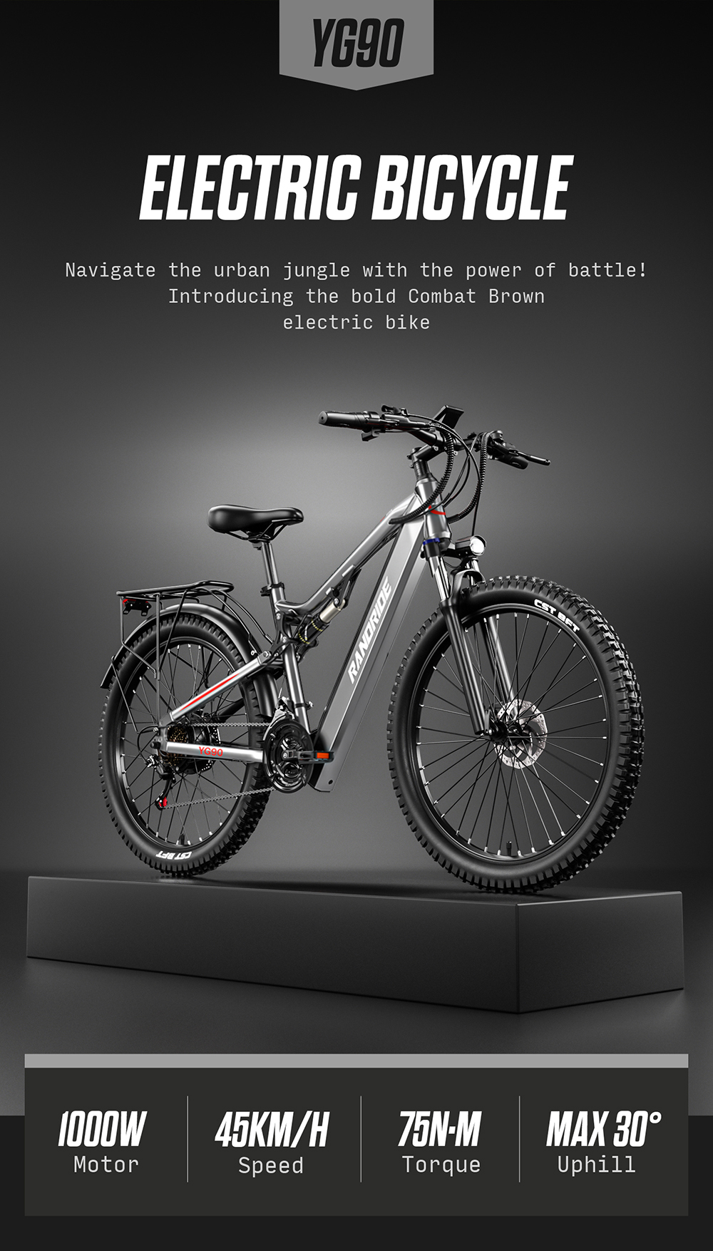 Bicicleta eléctrica gris con ruedas anchas sobre una plataforma negra.