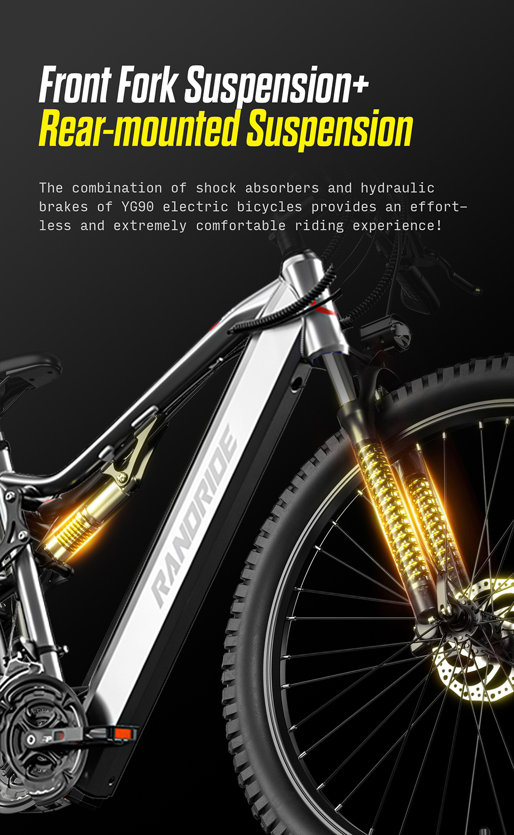 Primer plano de una bicicleta eléctrica con suspensión delantera y trasera dorada y plateada.