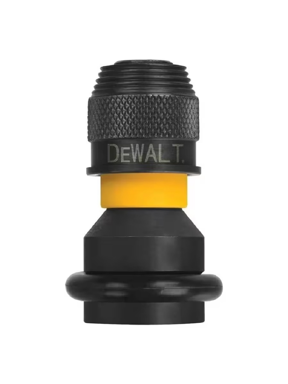 Parte di attrezzo nera con accenti gialli e marchio DEWALT.