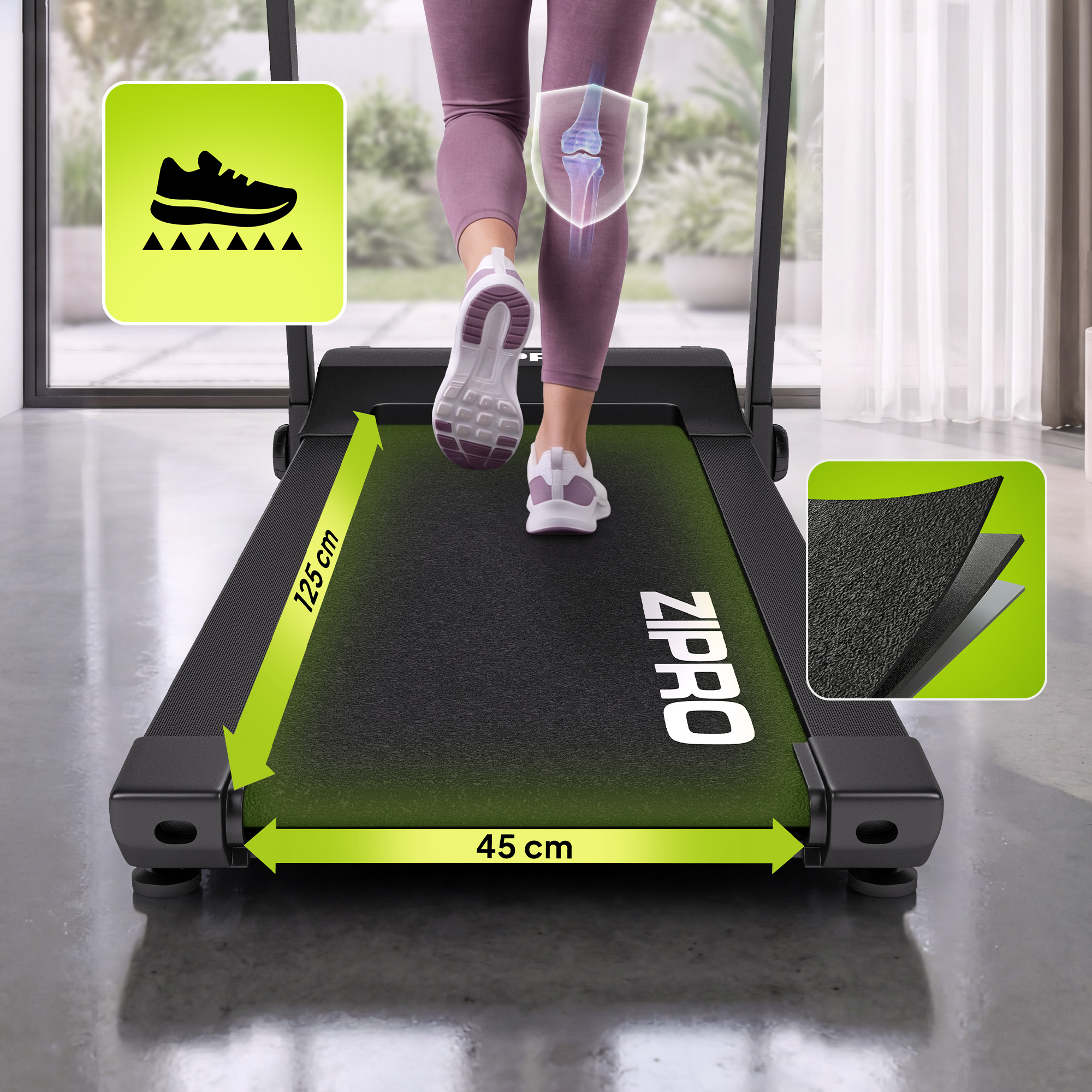 Persona corriendo en cinta con gráfico de protección articular. Dimensiones: 125cm x 45cm.