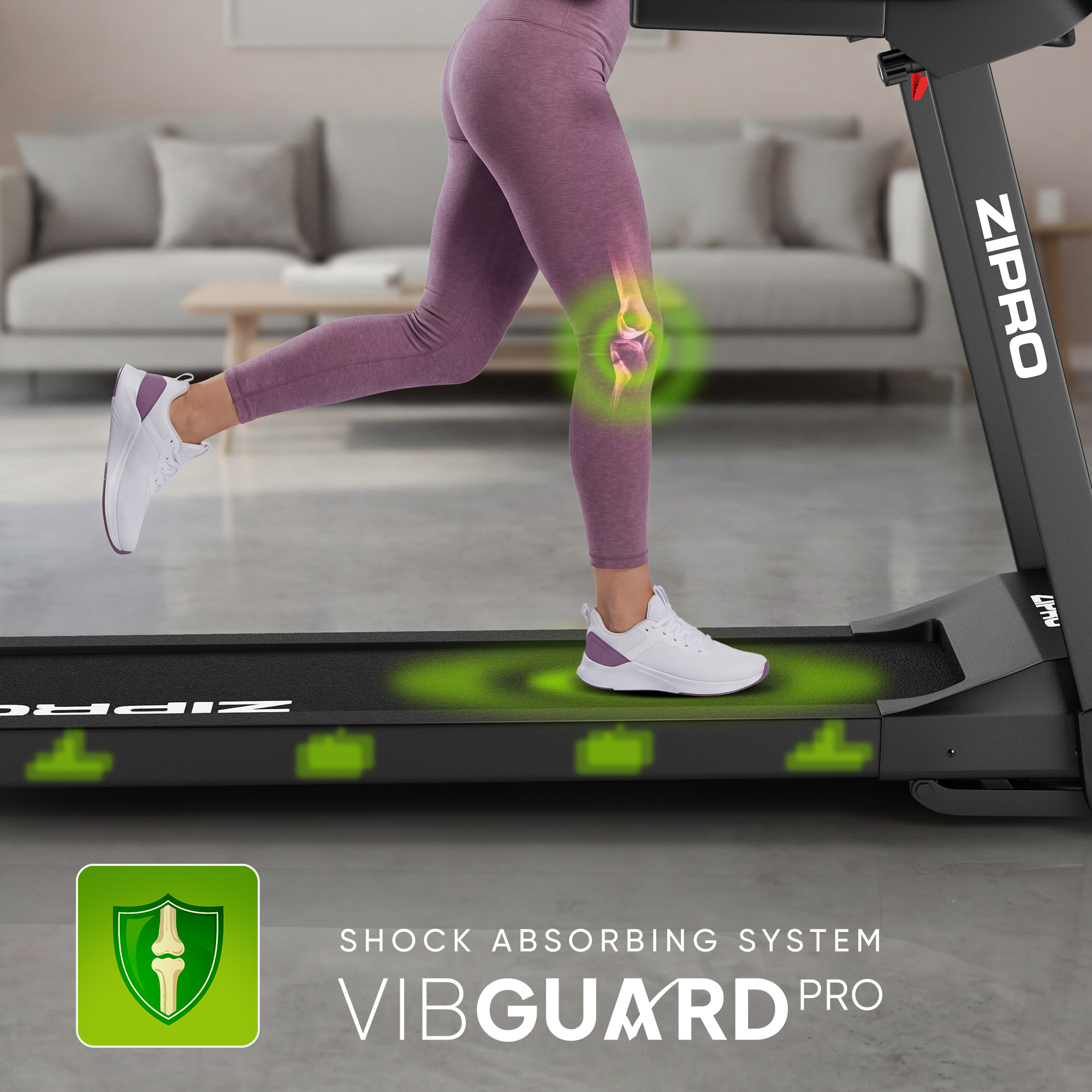 Corredora en cinta con animación de rodilla. Sistema de absorción VIBGUARD PRO.