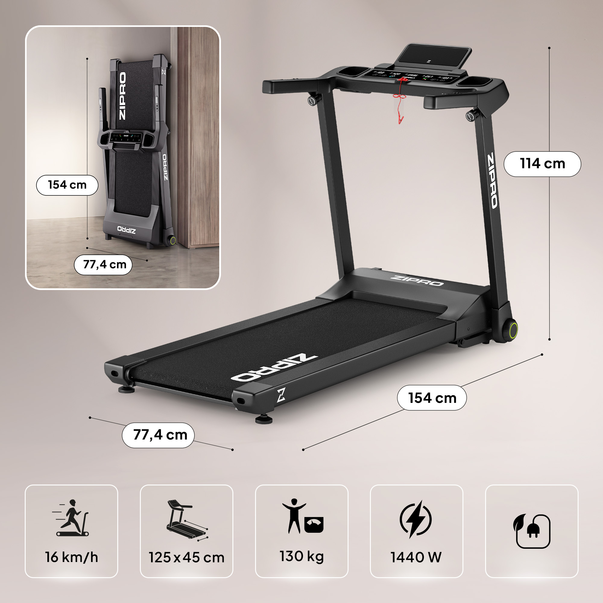Cinta de correr negra con pantalla, dimensiones 154x77,4x114 cm, 16 km/h, 130 kg.