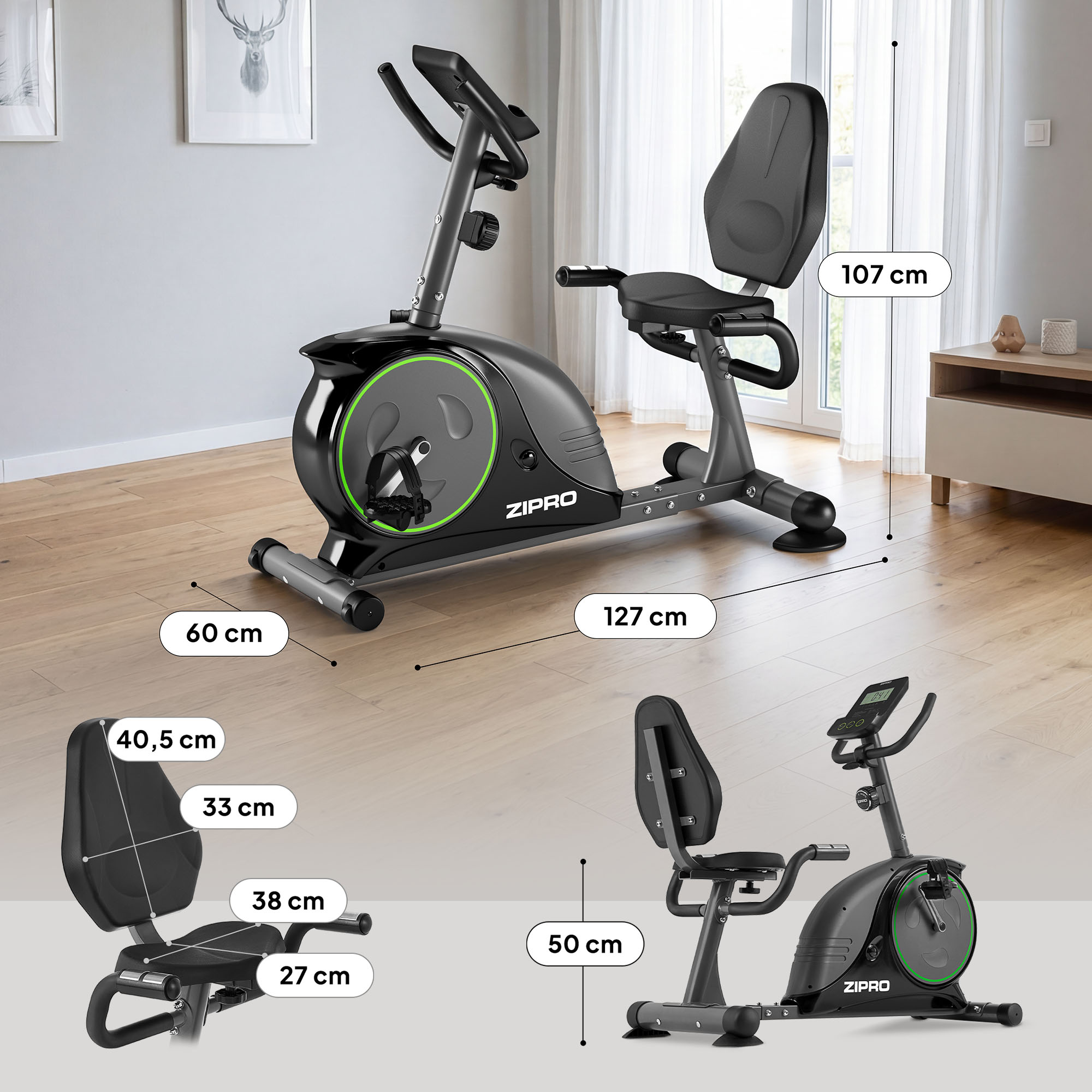 Una cyclette reclinata nera con accenti verdi, dimensioni indicate.