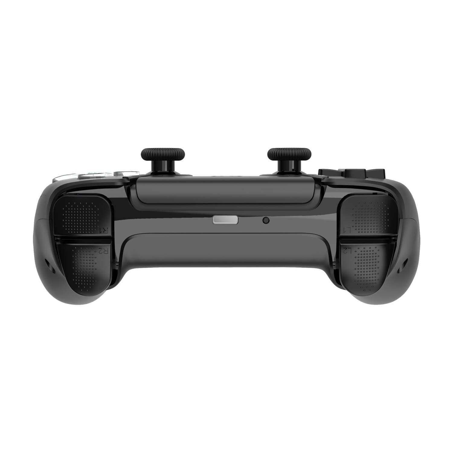Controller di gioco nero con due joystick, pulsanti R1/R2 e L1/L2.