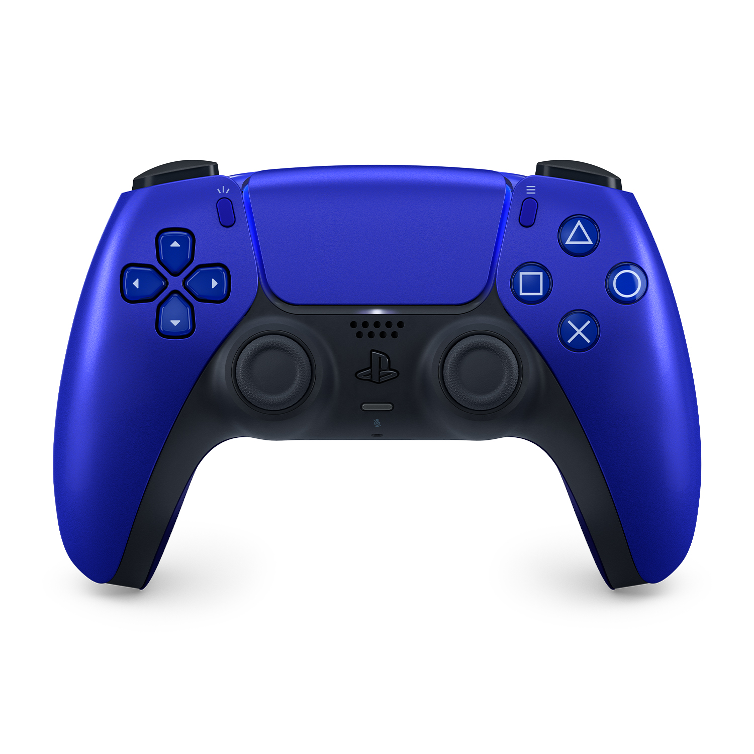 Un controller blu PlayStation 5 riposa su sfondo bianco.