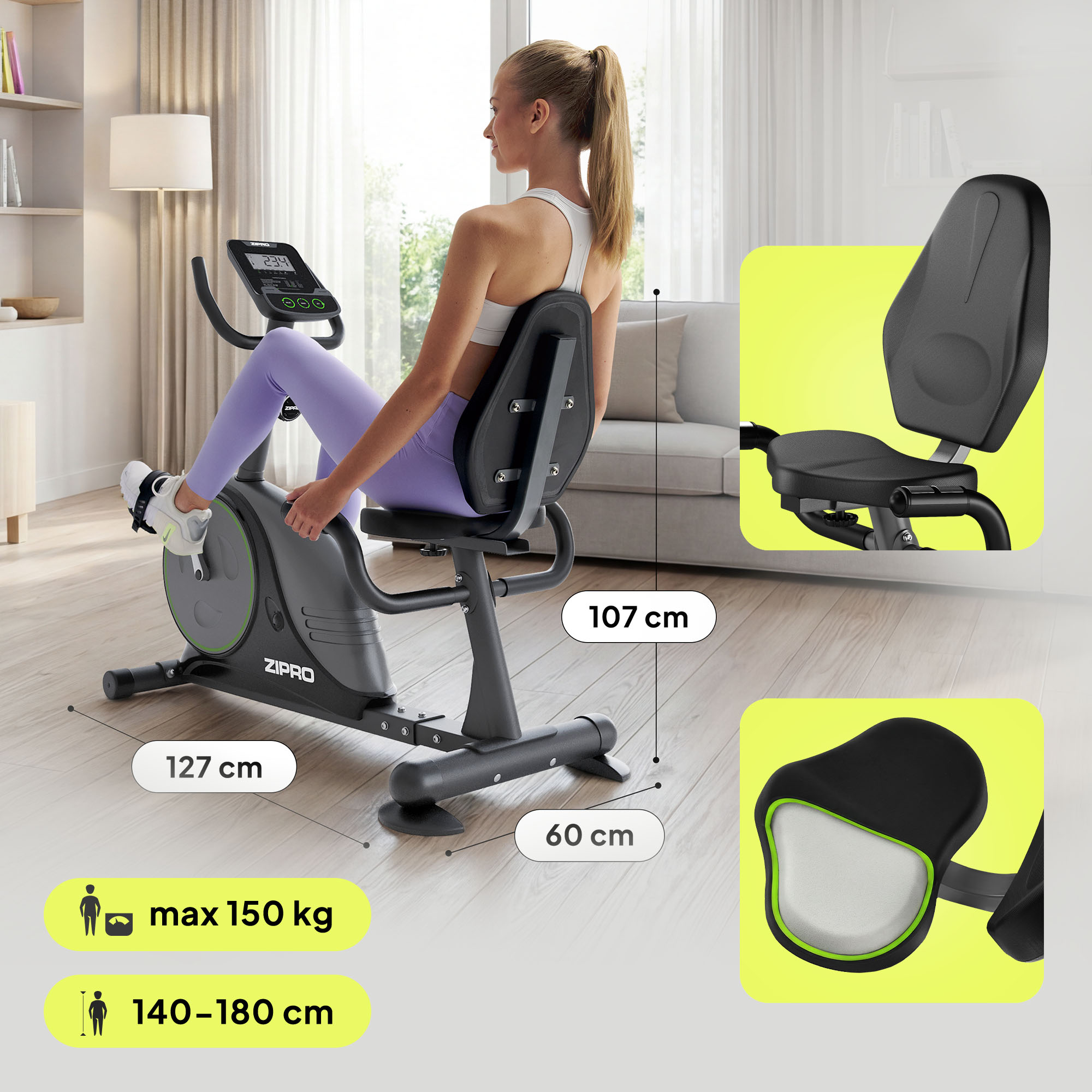 Donna su cyclette reclinata nera. Dimensioni mostrate.