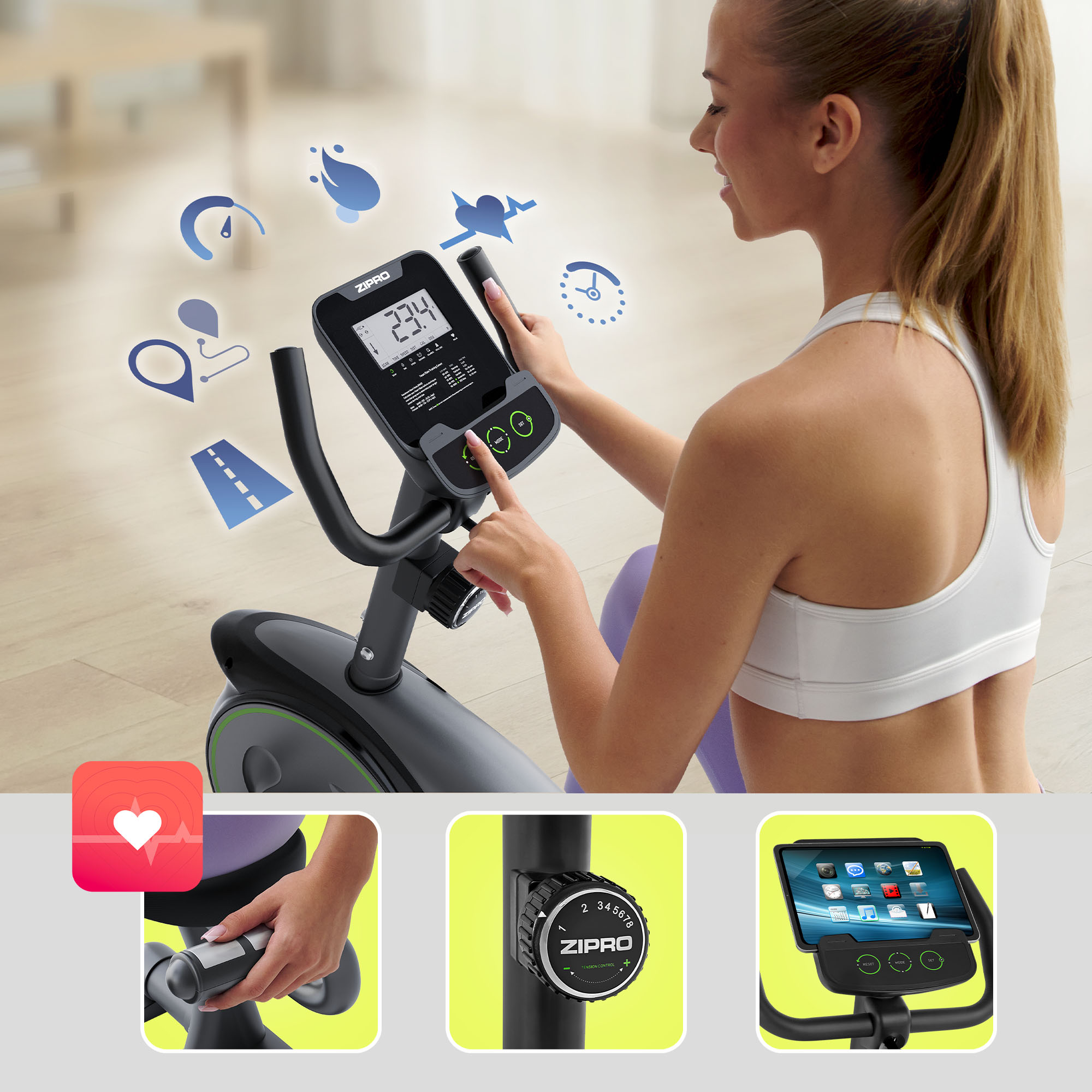 Donna usa cyclette con display digitale e icone allenamento.