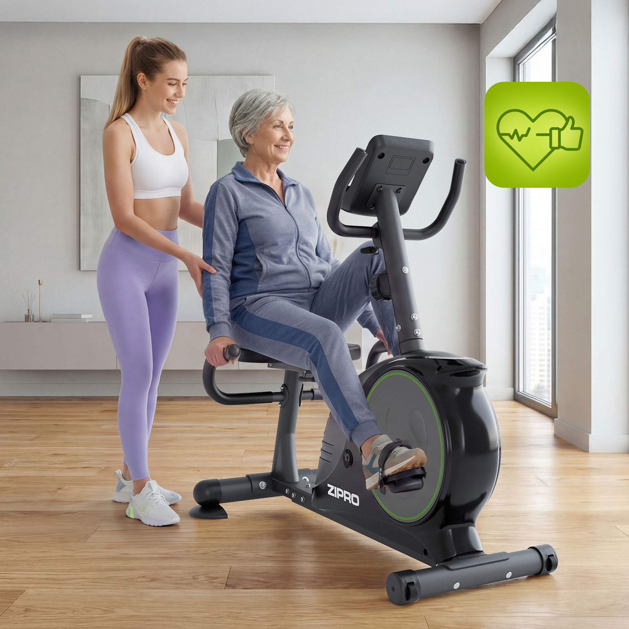 Giovane donna assiste anziana su cyclette.