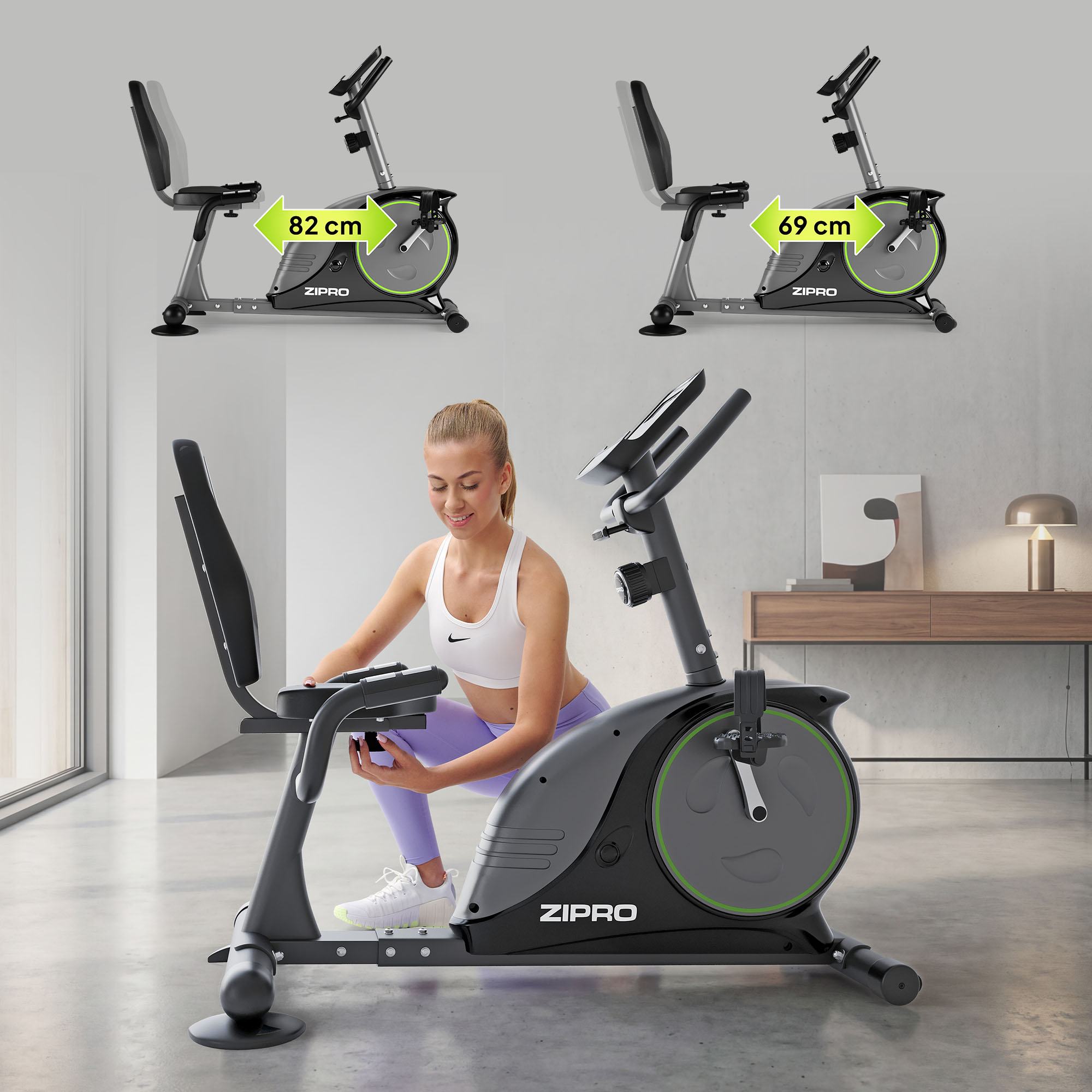 Una donna regola una cyclette reclinata. Due viste mostrano dimensioni di 82 cm e 69 cm.