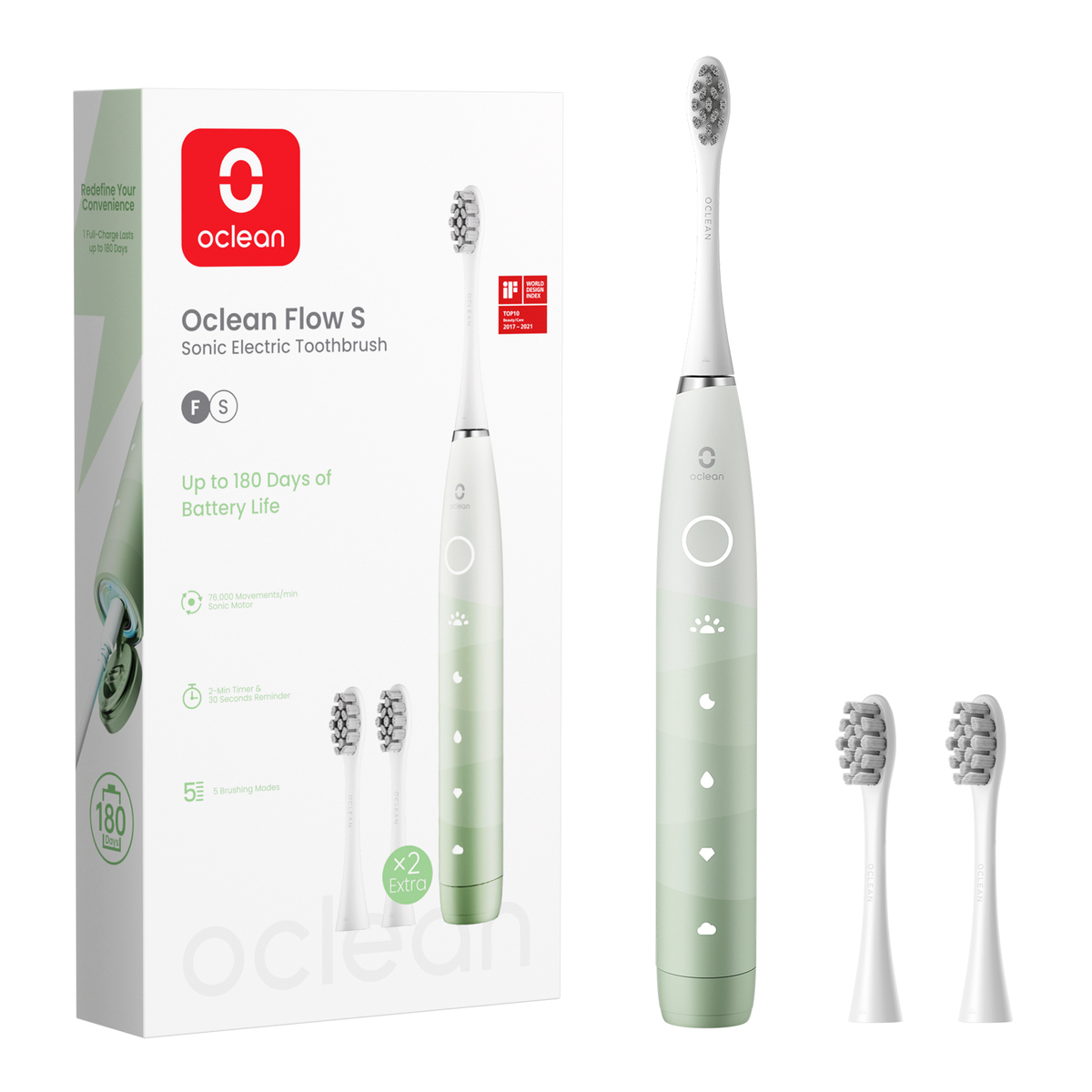Oclean Flow S Sonic Zahnbürste mit Verpackung, Zubehör und Auszeichnungen.