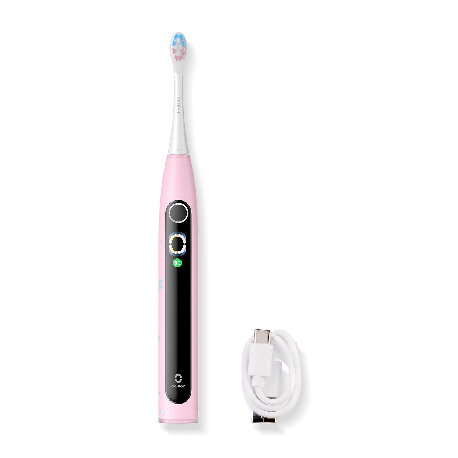 Uno spazzolino elettrico rosa con manico bianco e cavo di ricarica.