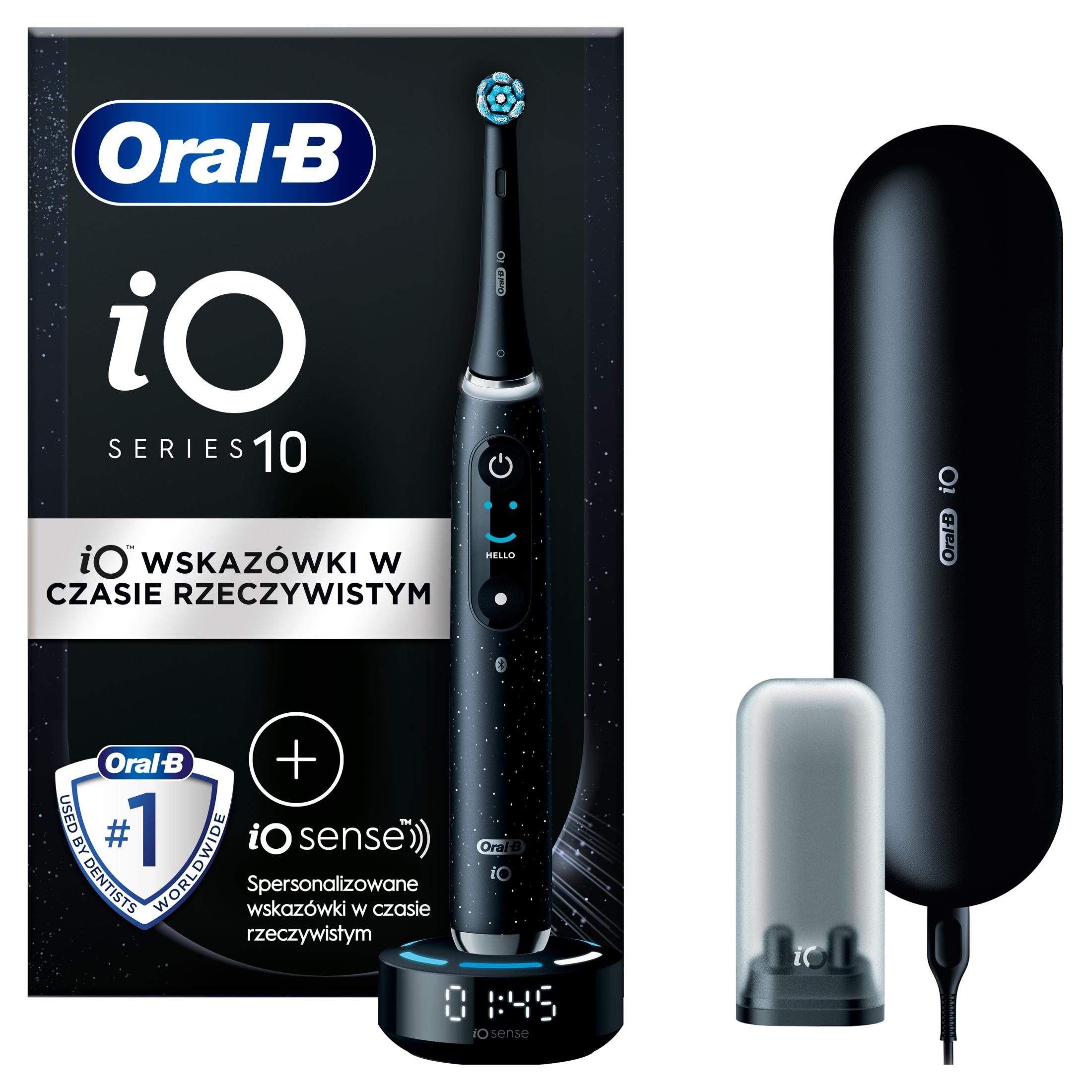 Spazzolino Oral-B iO Series 10 nero con caricatore, custodia e testina.