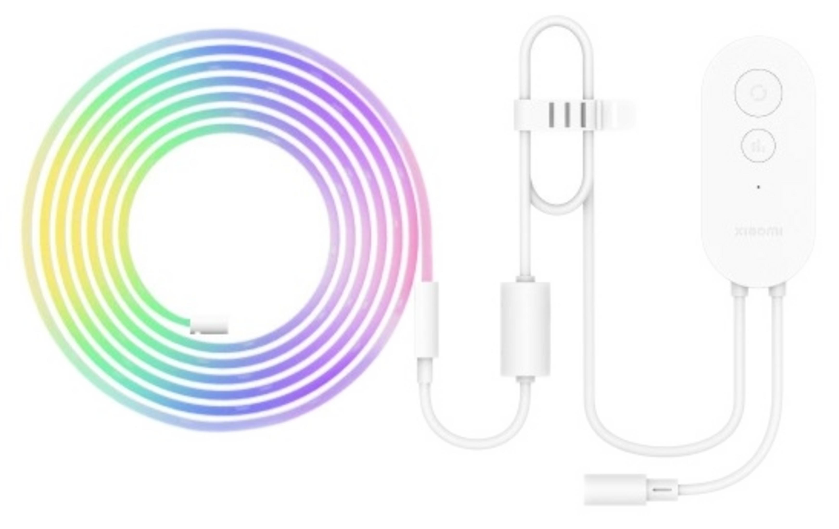 Beyaz bir uzaktan kumanda ve renk geçişli esnek RGB ışık şeridi.