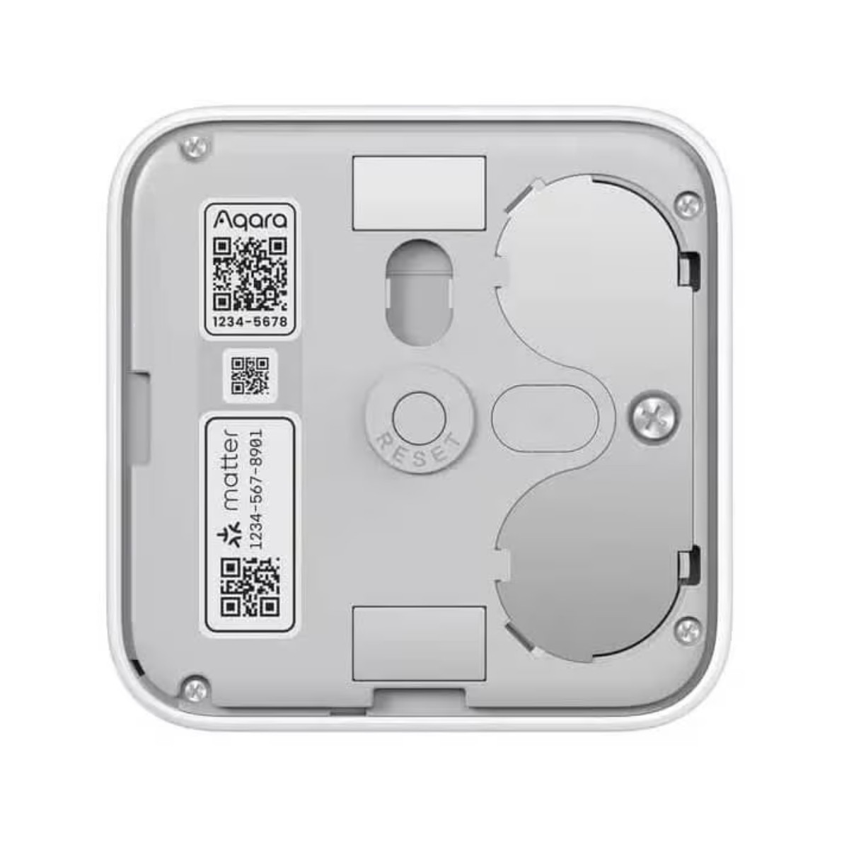 Retro di un dispositivo Aqara bianco con codici QR e pulsante di reset.