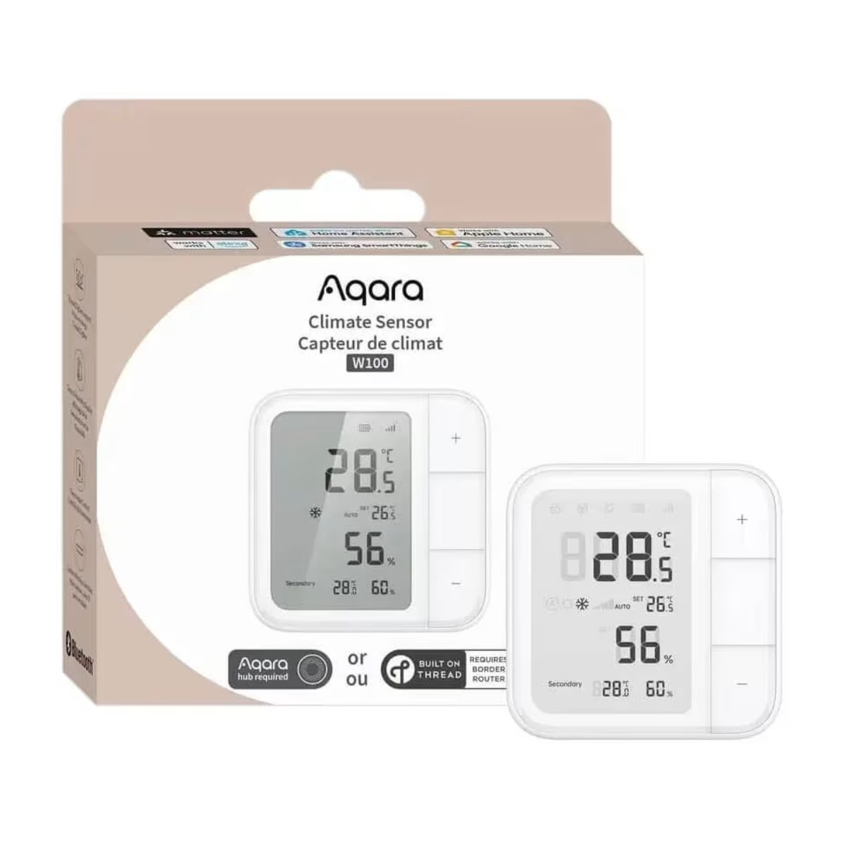 Confezione sensore clima Aqara W100 con un dispositivo. Display mostra 28.5C, 56% umidità.