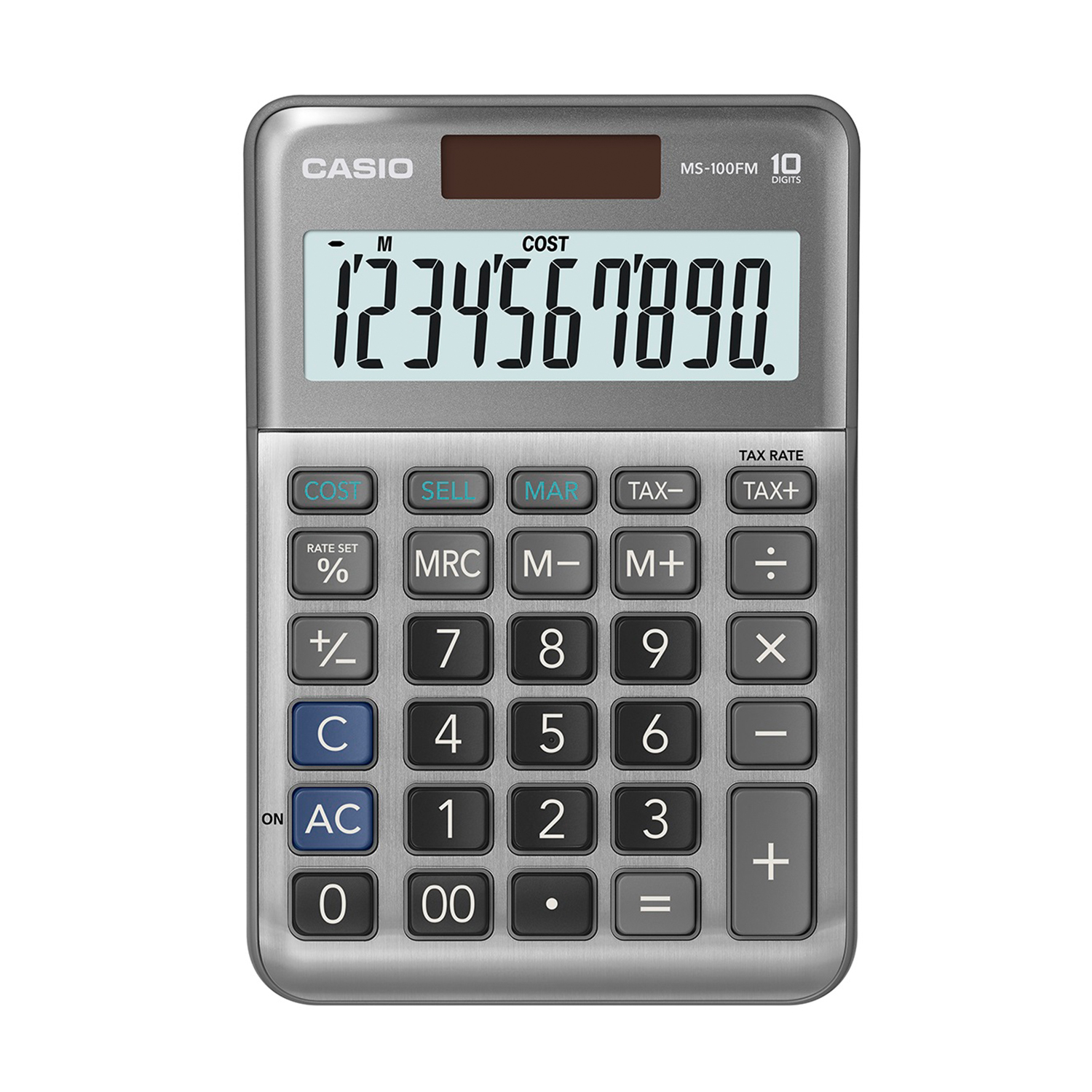 Una calcolatrice Casio MS-100FM argentata con display che mostra 1234567890.