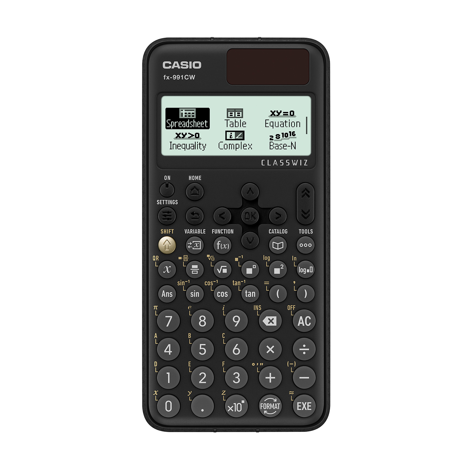 Calcolatrice Casio fx-991CW nera con opzioni di menu sullo schermo.