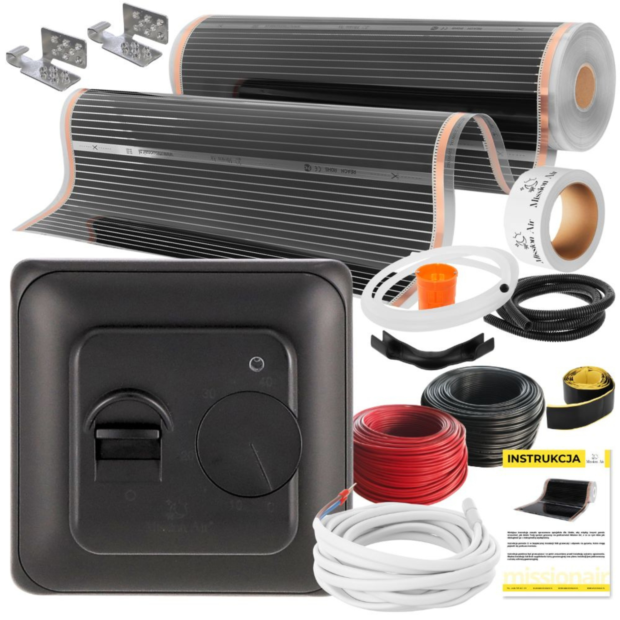 Zestaw maty grzewczej z termostatem, kablami, uchwytami i instrukcją.