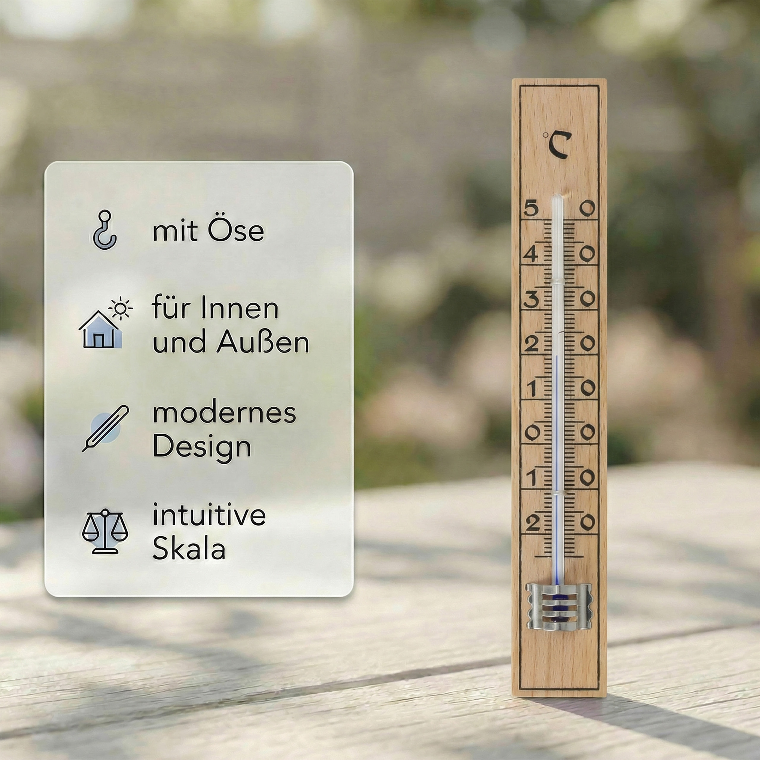 Holzthermometer mit Skala von 1-5, für Innen und Außen nutzbar.