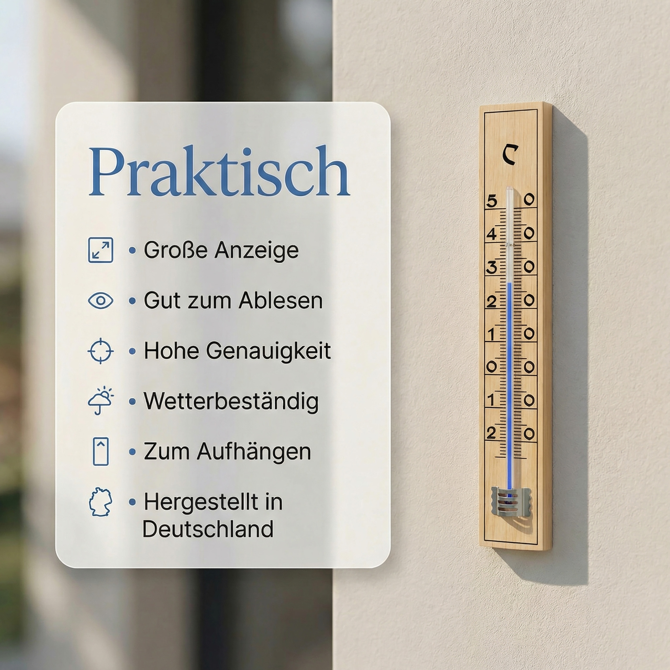 Ein Holthermometer zeigt die Temperatur an, daneben eine Liste mit Produktmerkmalen.