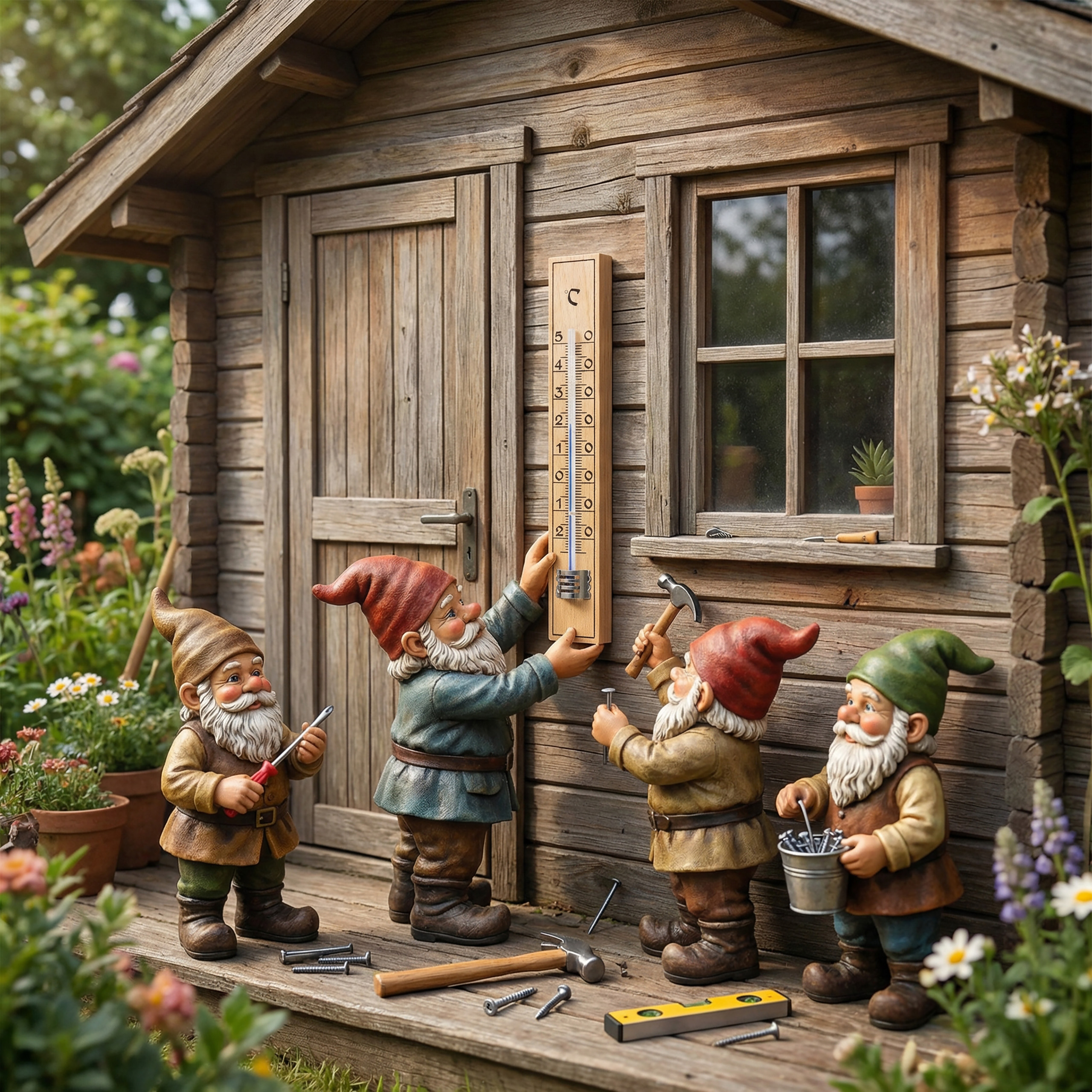 Gartenzwerge reparieren ein Thermometer an einer Holzschuppenwand mit Werkzeugen.