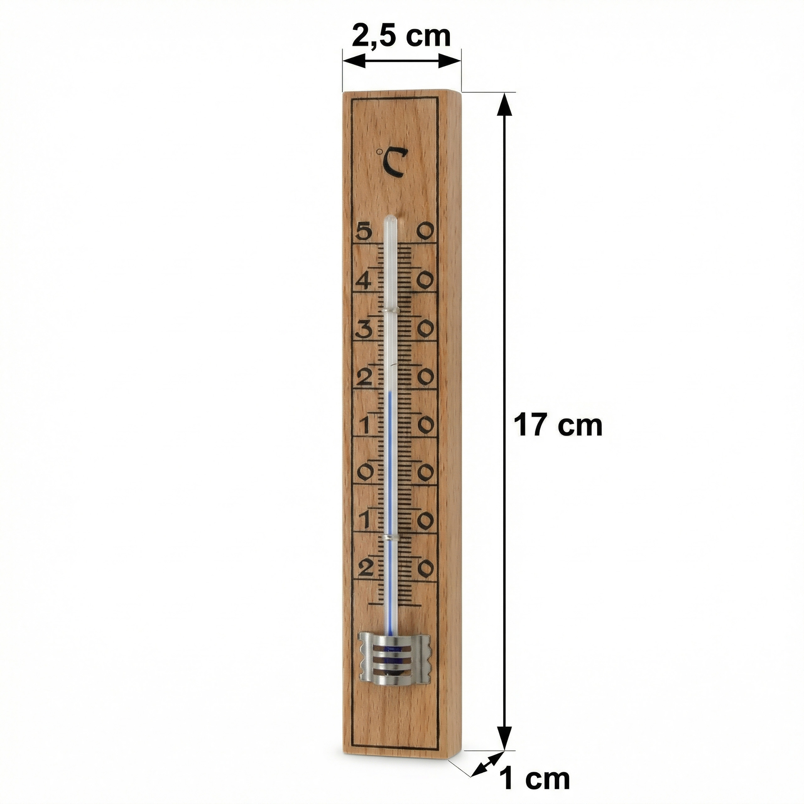 Holzthermometer mit blauer Flüssigkeit, zeigt ca. 3 Grad Celsius an.