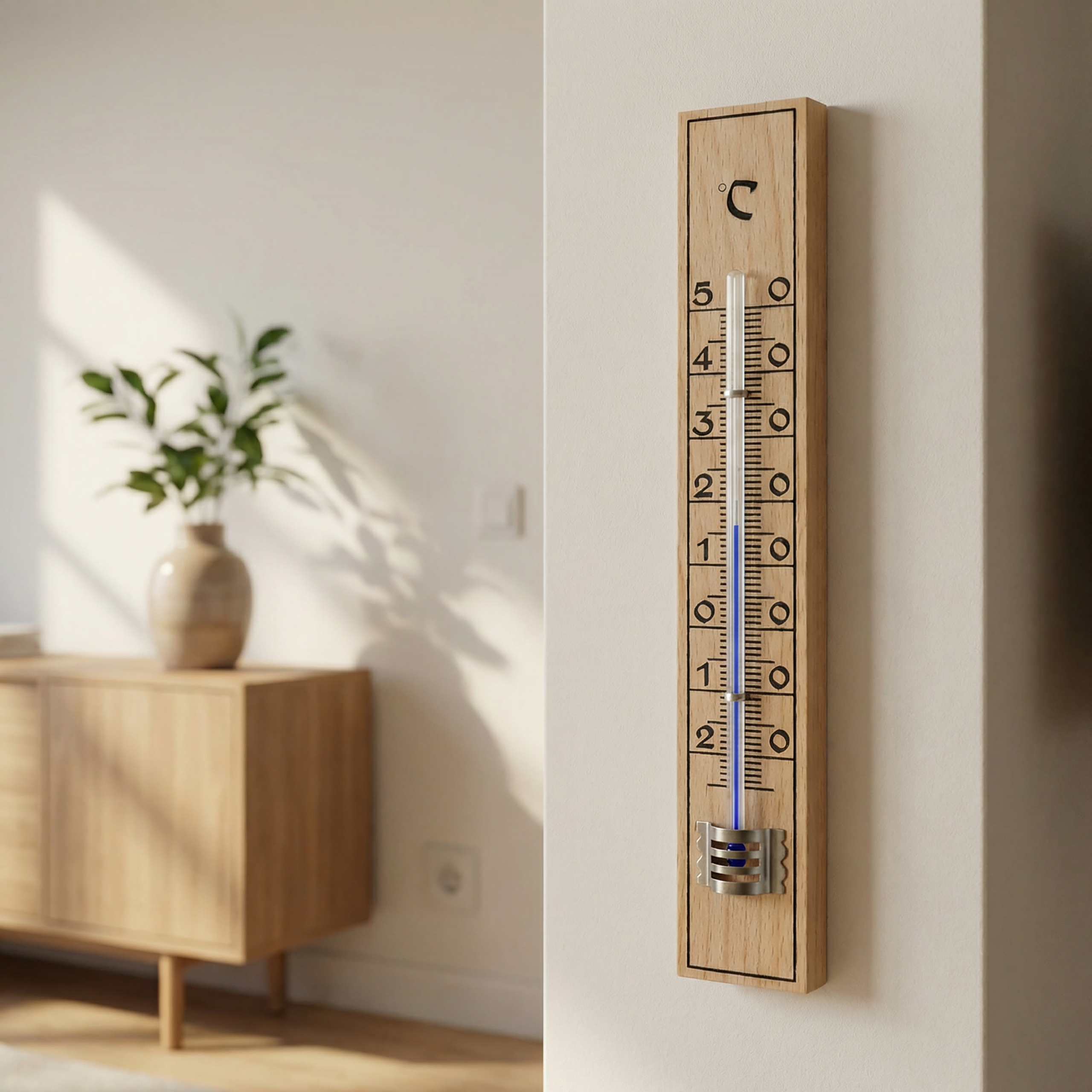 Ein Holthermometer an einer Wand, das die Temperatur anzeigt.