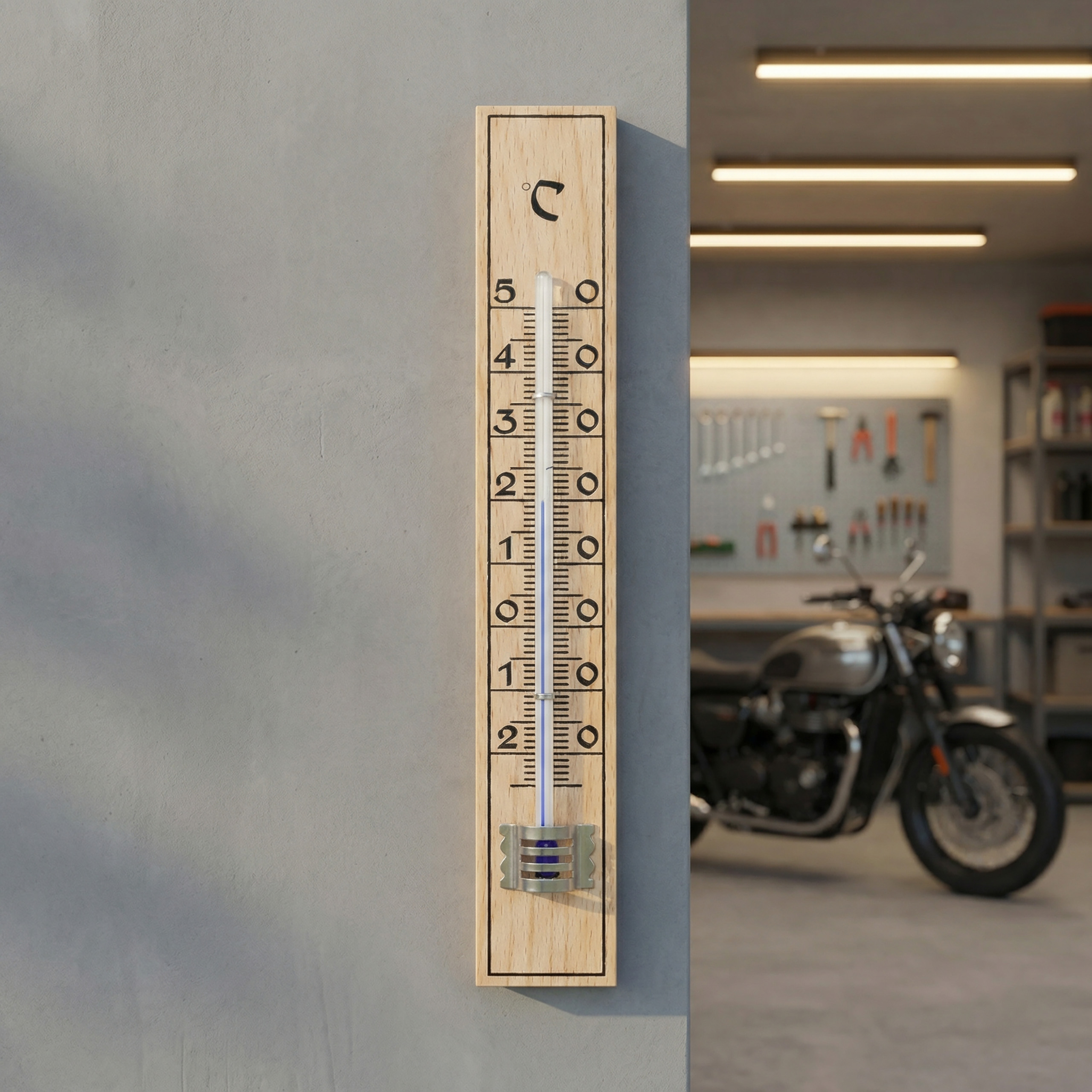 Holzthermometer an Wand, zeigt 3 Grad Celsius. Motorrad im Hintergrund.