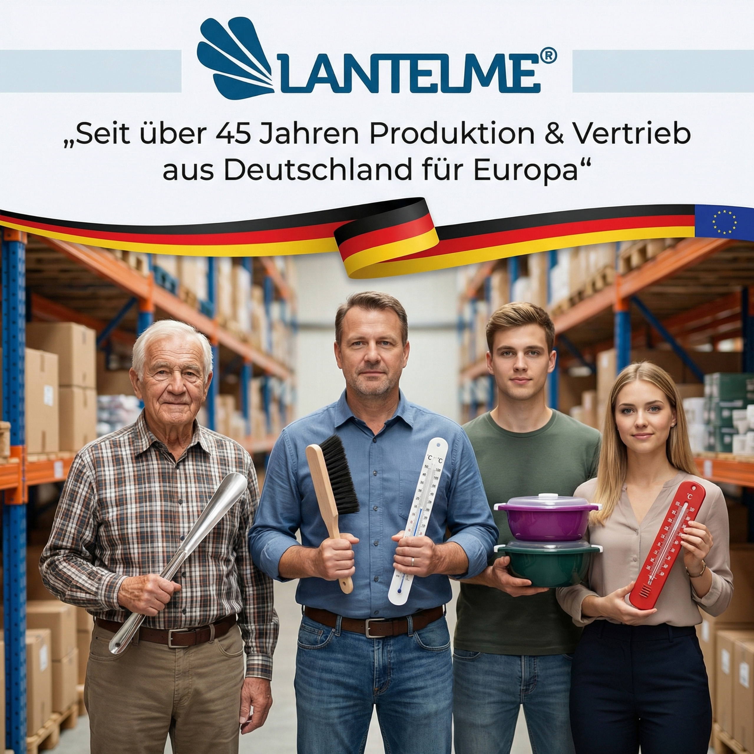 Vier Personen stehen vor Regalen. Sie halten Thermometer, Kochtopf und Bürste.