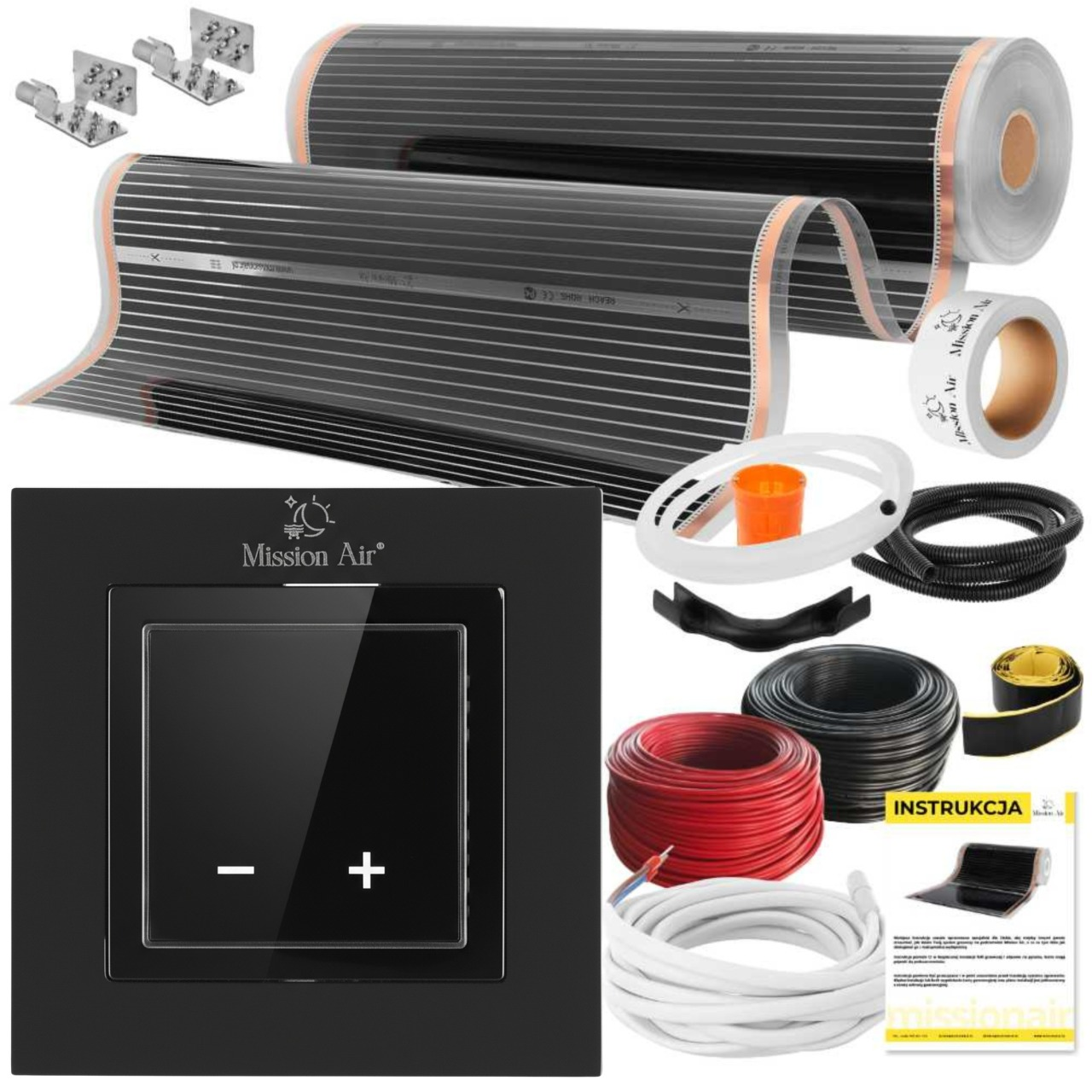 Czarny termostat, dwie rolki folii grzewczej, przewody, taśma izolacyjna i instrukcja obsługi.