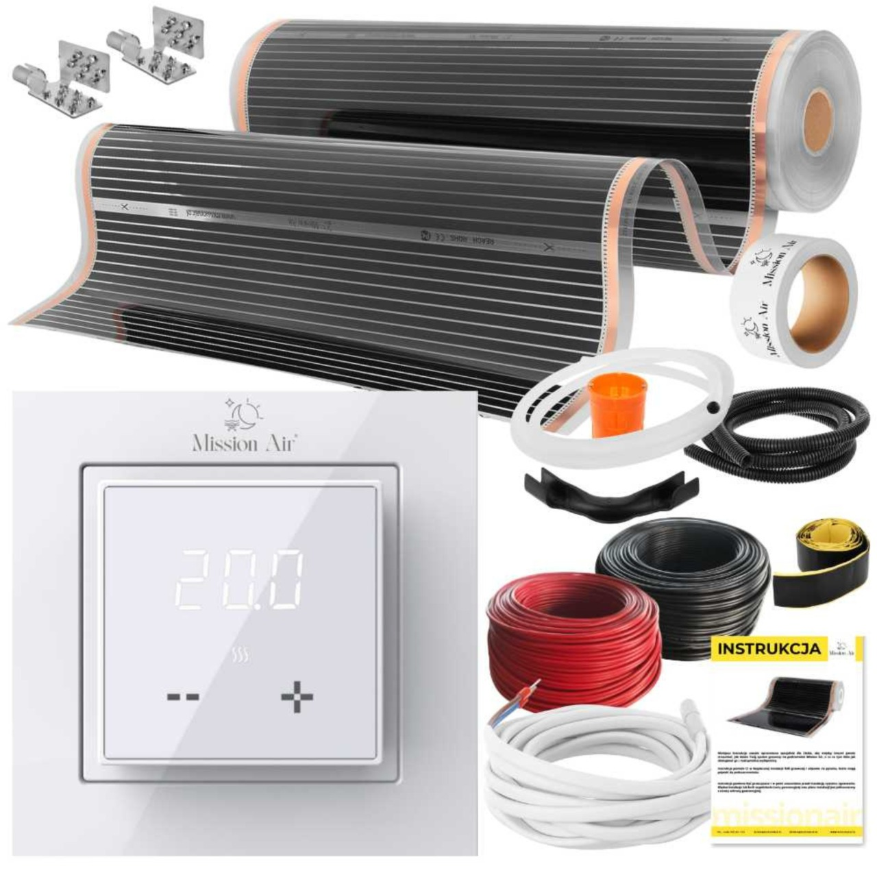 Zestaw ogrzewania podłogowego z termostatem, matami grzewczymi i kablami.