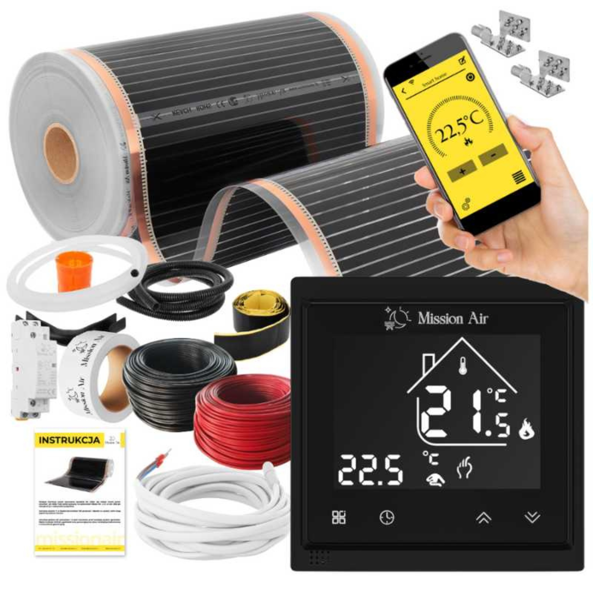 Zestaw ogrzewania podłogowego z termostatem, aplikacją i akcesoriami.