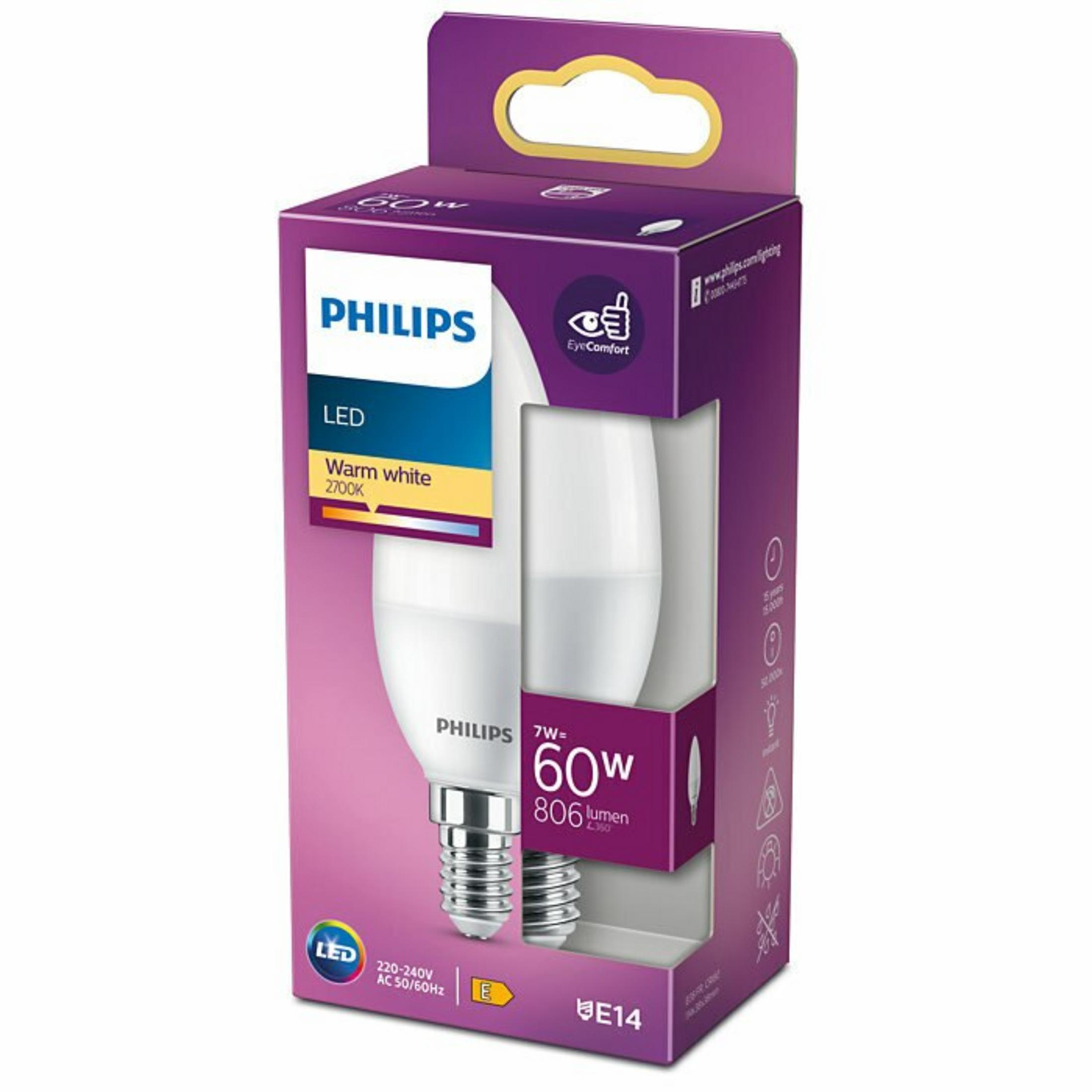 Żarówka LED Philips, ciepła biel, 7W, trzonek E14, 806 lumenów.