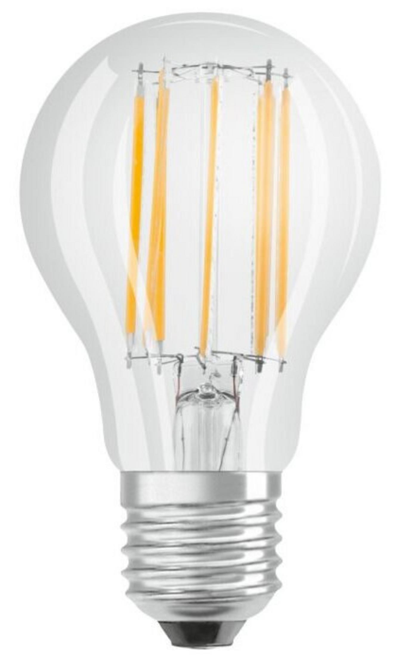 Lampadina trasparente con base argentata e filamenti LED gialli visibili.
