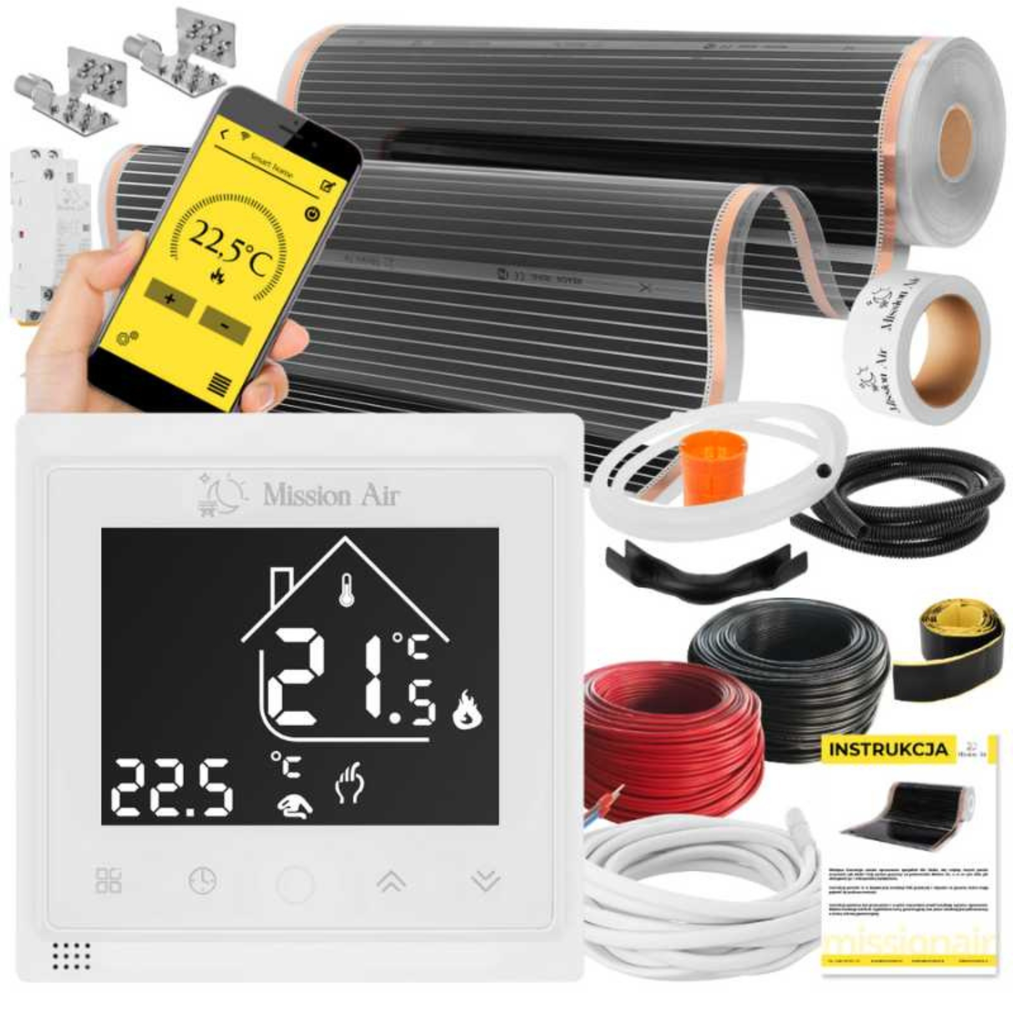 Maty grzewcze, termostat, telefon i kable z akcesoriami.
