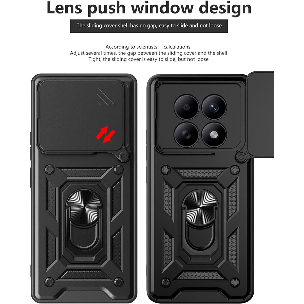 Funda negra para teléfono con cubierta deslizante para lente y soporte de anillo.