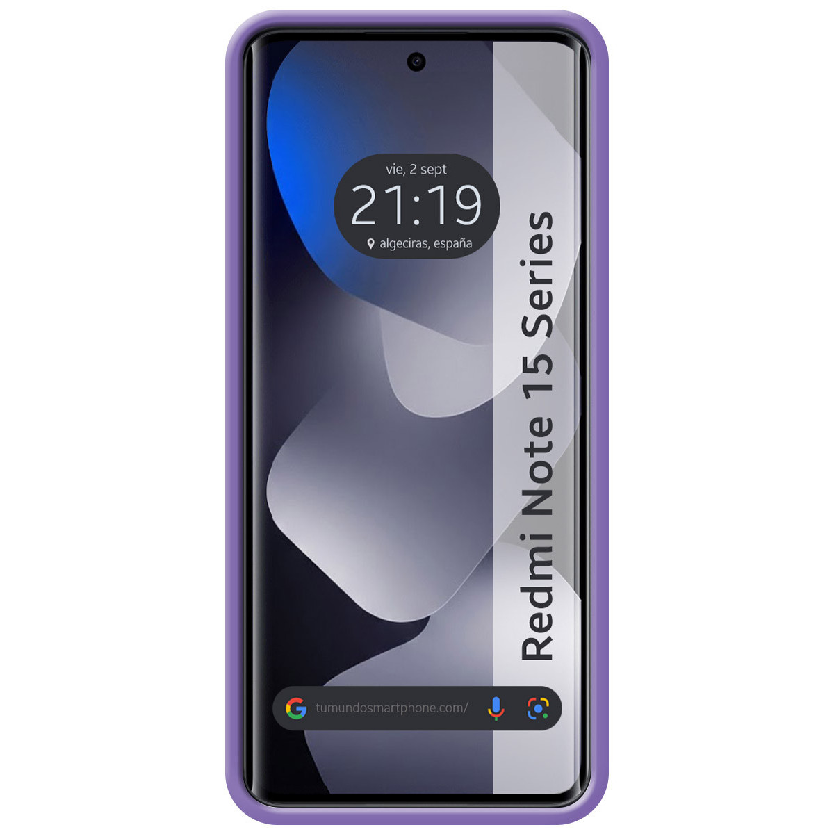 Un smartphone morado con pantalla negra muestra la hora 21:19, fecha y ubicación Algeciras, España, con el texto 'Redmi Note 15 Series' verticalmente a la derecha.