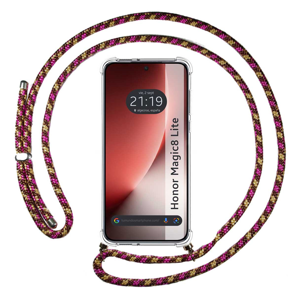 Un smartphone Honor Magic8 Lite en funda transparente con cordón estampado.