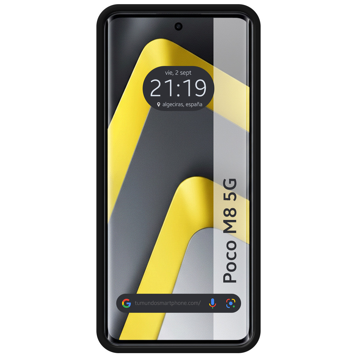 Un smartphone con marco negro muestra las 21:19, con elementos de diseño amarillos y grises.