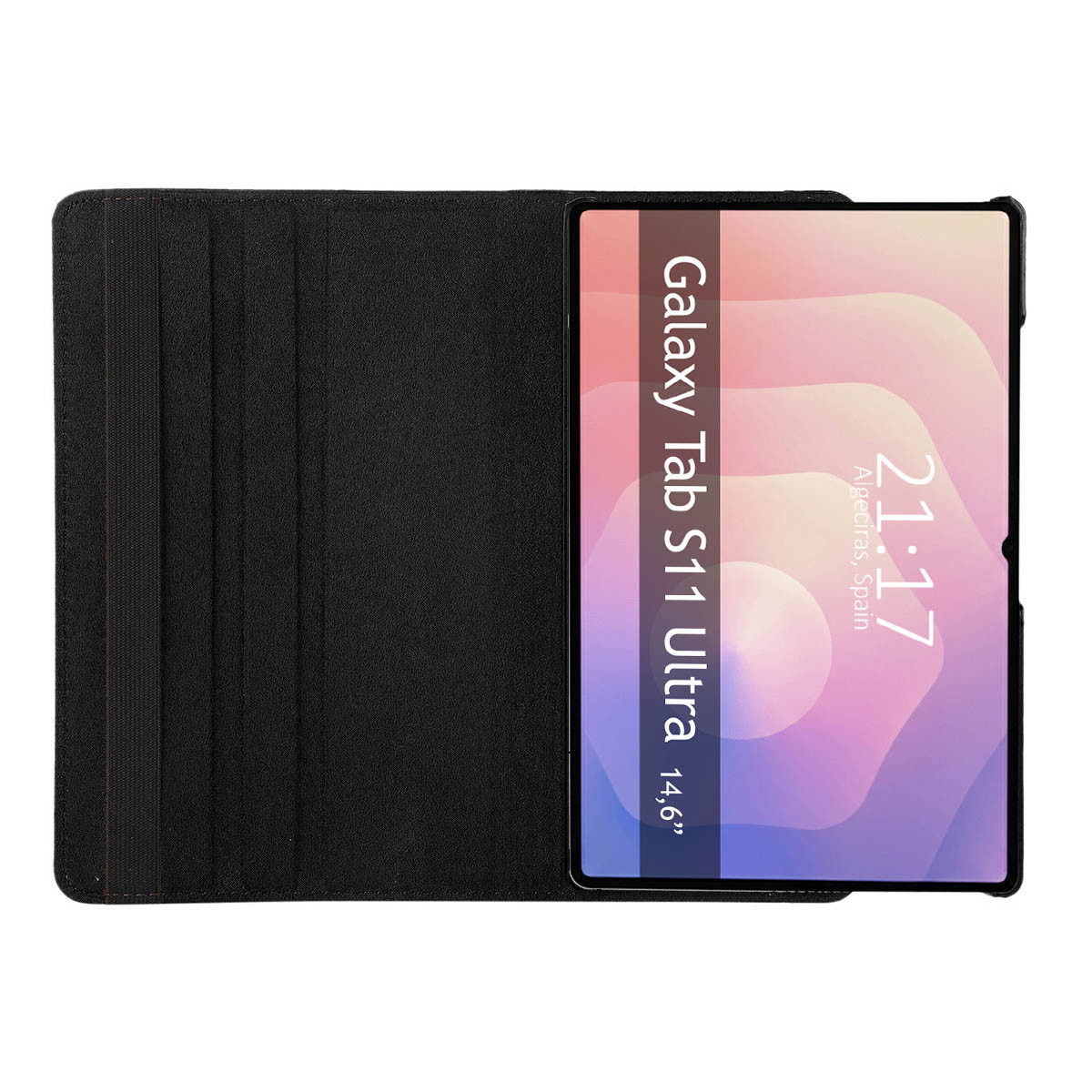 Funda negra con tableta abierta mostrando la hora 21:17.