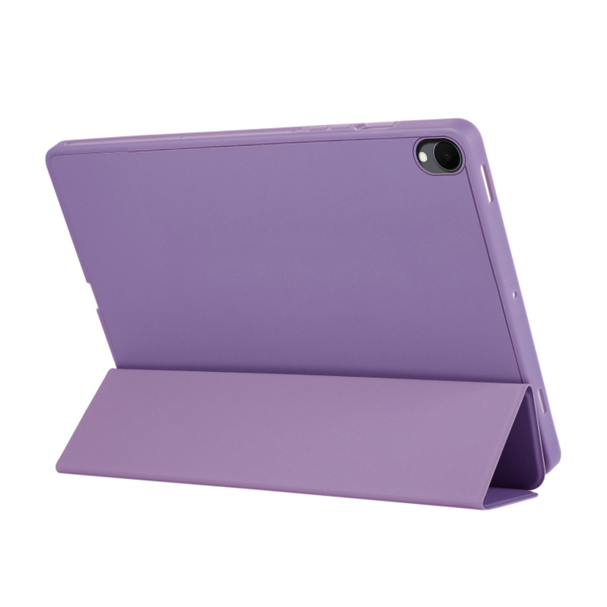 Funda morada para tableta con función de soporte, trasera con recorte de cámara.