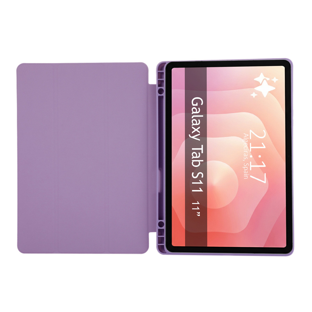 Una tableta morada clara con su funda abierta, sobre fondo blanco.