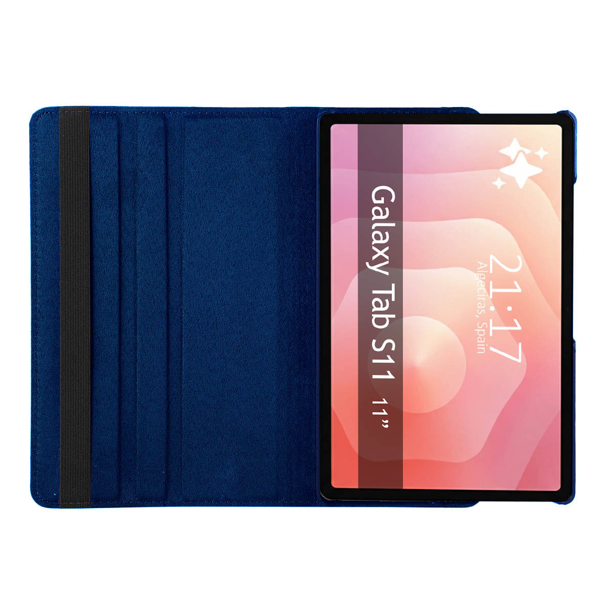 Un soporte azul para tableta con un Galaxy Tab S11 que muestra las 21:17.