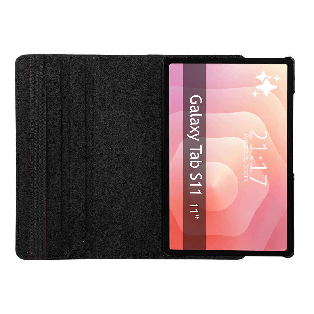 Una funda de tablet negra parcialmente abierta, revelando la pantalla de una tablet que muestra “Galaxy Tab S11 11” y “21:17 Algeciras, España”.